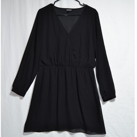 Express Black Sheer Long Sleeve V Neck Dress Size Large - Picture 1 of 11